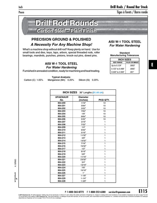 Drill Rod Round 5/32" Dia X 36" Lgth Carbon Steel Aisi W-1 Annealed Ground & Polished   864-206