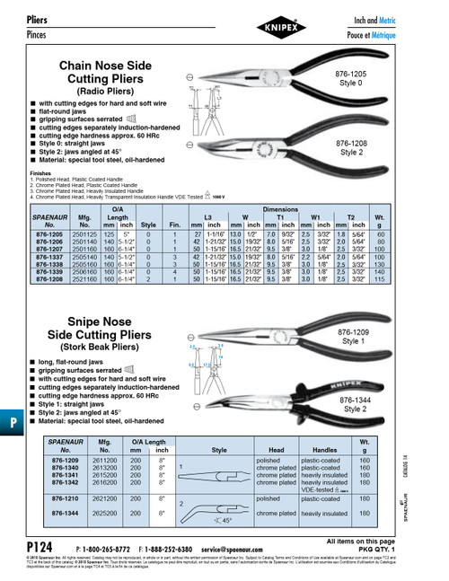 Snipe Nose Side Cutting Plier Straight Jaws 200Mm (8") Lgth Tool Steel Polished Head Plastic-Coated Handles   876-1209