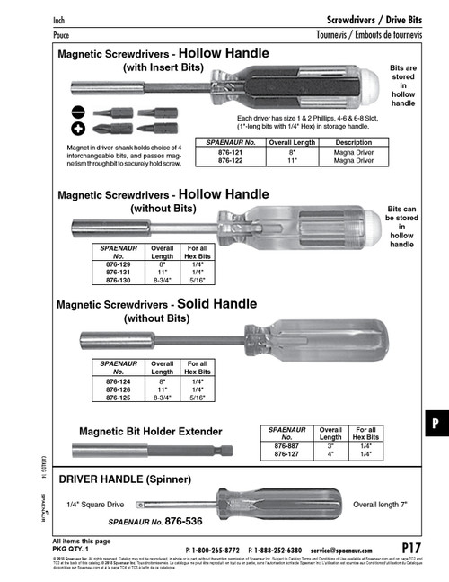 Solid Handle Magnetic Screwdriver Without Bits 8" (For 1/4" Bits)   876-124