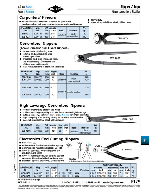 Concretors' Nippers 300Mm (12") Lgth Tool Steel Polished Head Plastic-Coated Handles Knipex #99-01-300   876-1262