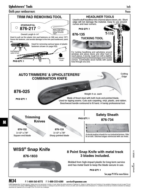 Rigid Tucking Tool For Headlining 7-1/2" O/A Lgth 2-5/8" Blade Lgth Curved Steel Blade Wood Handle   876-135
