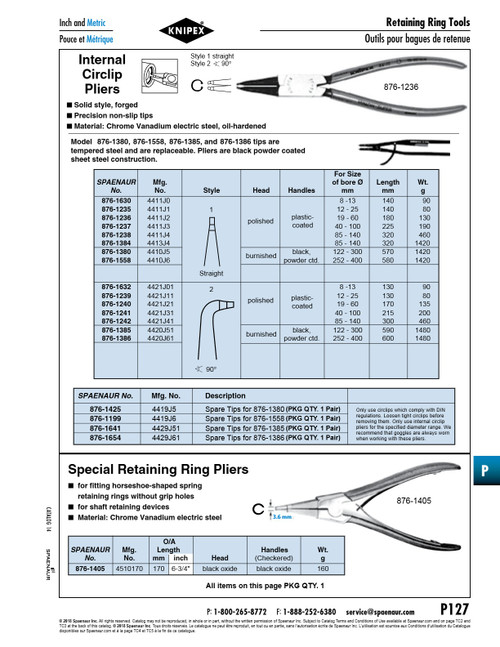 Internal Circlip (Ret.Ring) Pliers For 122-300Mm Bore Dia (570Mm Lgth) (Replaceable Straight Tips) Steel Burnished Head Black Powder-Coated Handles   876-1380