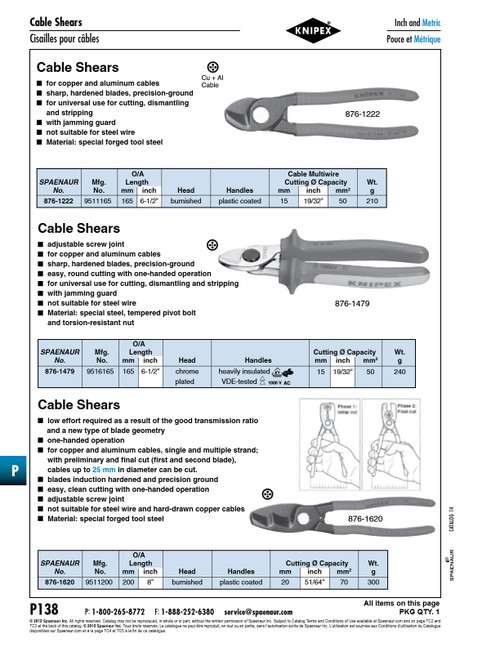 Cable Shears For Copper & Aluminum 15Mm Dia Cutting Capacity 165Mm (6 1/2") Lgth Vanadium Steel Chrome Plated Head Heavy Insulated Handles Vde-Tested   876-1479