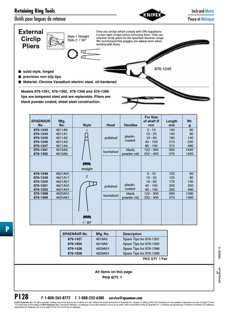 Spare Straight Tips (Pair) For External Circlip (Ret.Ring) Pliers (Sn #876-1392 Knipex #4610A6) For 252-400Mm Shaft Dia Tempered Steel Black   876-1655