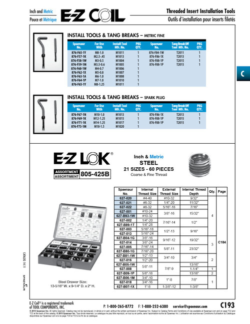 E-Z Coil Installation Tool For Use In Metal Use With Internal Threads: 3/8-24 M10 M10-1.25   876-F67-1N