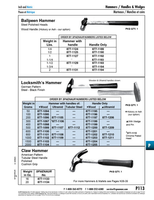 Hickory Handle For Locksmiths Hammer German Pattern 2000Gr Hickory Lacquered   877-1205