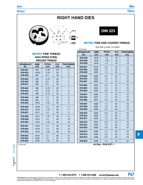 Round Die M24 X 2.0 Fine Pitch 55 Mm Od X 16 Mm Thick Hss Ground Thread Din 223/Hss/Fine M24X2   878-864