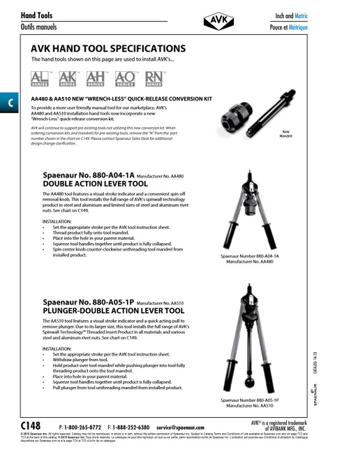 Double Action Lever Tool To Set Avk Inserts And Rivet Nuts Ergonomic Quick Release Front End Nose Piece Assembly Required   880-A04-1A