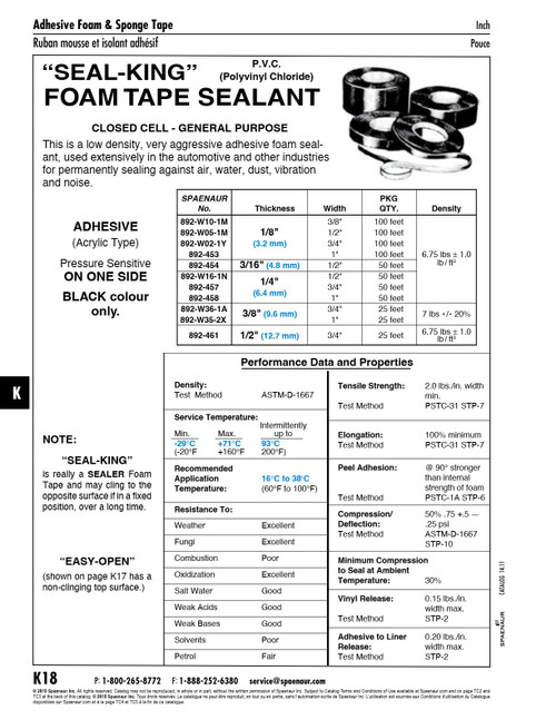 Seal King Foam Tape Sealant Closed Cell Adhesive One Side 1/4"Th X 1/2"Wide Lamination Rev. (6.4Mm Th X 12Mm Wide) 50Ft Roll Polyvinyl Chloride Black   892-W16-1N