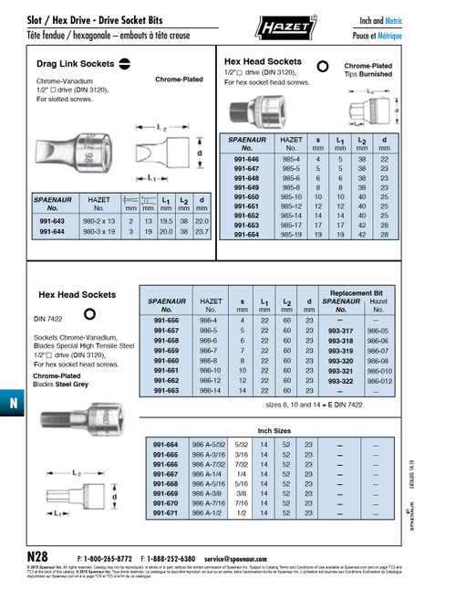 1/2" Drive Socket For Hex Socket Cap Screws 3/8" Chrome Vanadium Chrome Plated Steel Grey Bit   991-669
