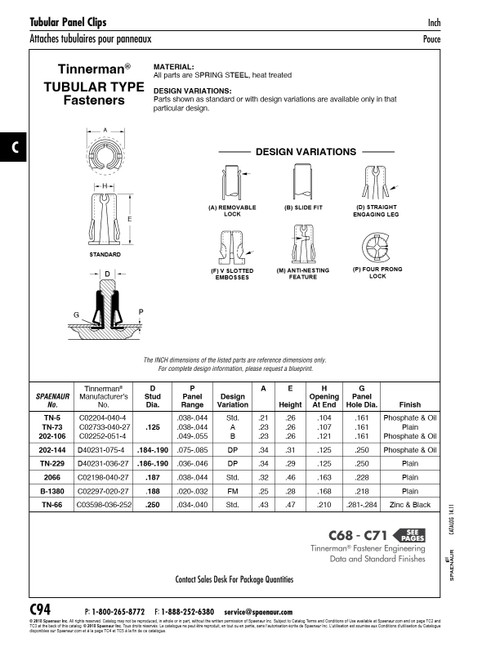 Stud Retainer Tubular Type For Stud Dia .180"Panel .020-.032" Spring Steel Heat Treated Plain   B-1380