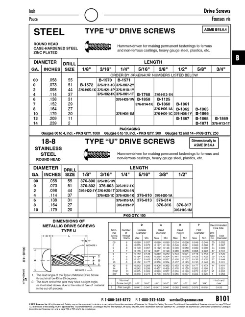 Type U Drive Screw Round Head #8 Ga X 1/2" Lg (.164" X 1/2") Use Drill No 27 Steel Case Hardened Zinc Chromate Plated   B-1862