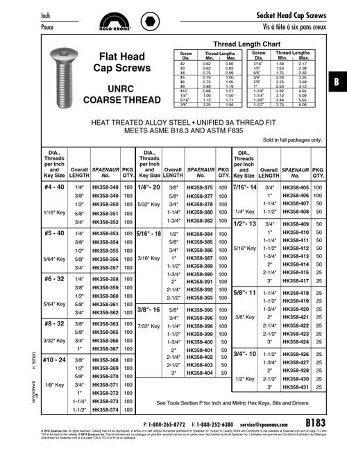 Holo-Krome Socket Cap Screw Flat Hd #8-32 Unc X 3/8" Alloy Steel Plain Ansi B18.3 Latest   HK358-363
