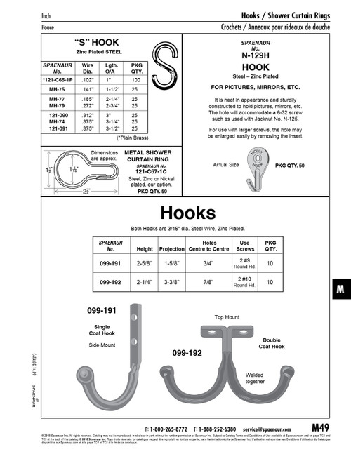 "S" Hook .375" Wire Dia 3-1/4" O/A Length Steel Zinc Plated   MH-74