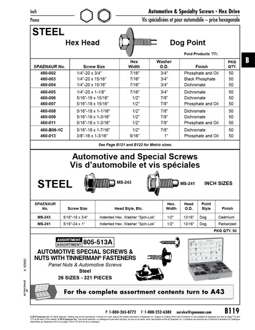 Machine Screwindented Hex Washer Spin-Lok Hd 13/16" Head Od Dog Pt 5/16"-24 Unf X 1" Lg (Hex 1/2" Af) Low Carbon Steel Parkerized   MS-241