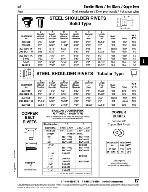 Copper Belt Rivet Shallow Countersunk Head Solid Type #10 Body Dia X 5/8" L X 13/32" Head Dia Copper Plain Ansi B18.1.1-1972(R1981)   RVT-4008