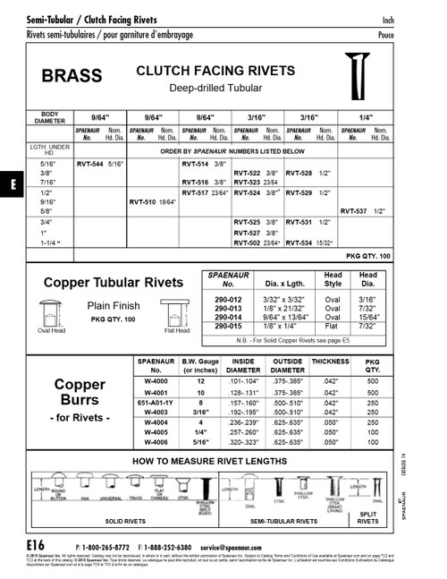 Brake Lining Rivet Semi-Tubular Flat-Shallow Countersunk Head 9/64" Dia X 5/16" L X 3/8" Head Dia Brass Plain   RVT-514