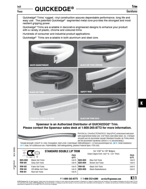 Standard Double Lip Trim Grey-Sof-Tone For 1/32" To 1/8" Edges X 100 Ft/Coil Flexible Plastic/Steel   RW-84