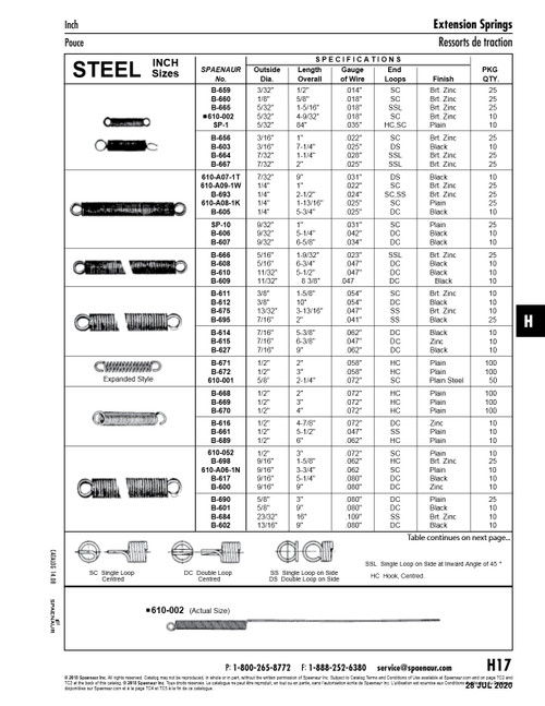 Utility Spring Extension Type Single Loop Centred Ends 9/32"Od 1"Lgth 0/A 0.031"Ga. Wire Mb Hrd Drawn Spring Steel Wire Plain Finish   SP-10