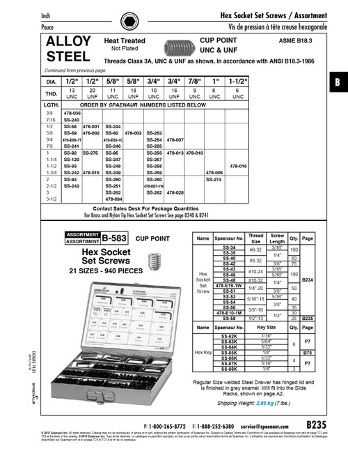 Hex Socket Set Screw Cup Point 1/2"- 13 Unc X 1 1/4" Lg Alloy Steel Heat Treated Plain Ansi B18.3-1986   SS-120