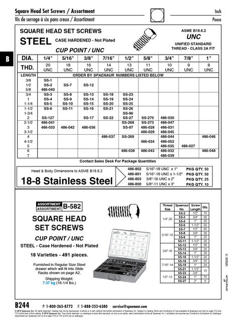Square Head Set Screw Cup Point 1/4" - 20 Unc X 1-1/4" Long Steel Case Hardened Plain Finish Ansi B18.6.2   SS-5