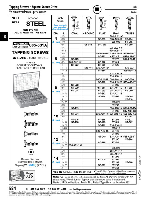 Tapping Screw Flat Square Socket Hd #12 X 1 1/4" Lg Type Ab Low Carbon Steel Case Hardened Zinc Chromate Plated   ST-269