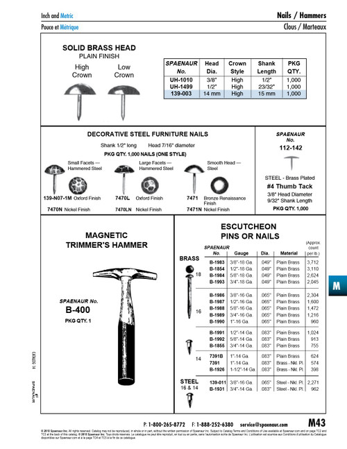 Upholstery Nail High Crown Style 1/2" Head Dia X 3/16" Head Thk X 23/32" Sh Brass Head/Steel Shank Polished   UH-1499