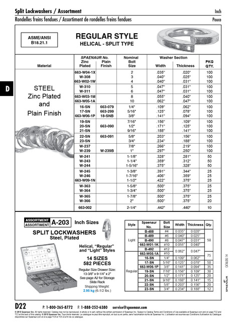 Steel Zp Helical Split Lockwasher Bolt # 1-3/4 (.500 W X .375 Th ) Sae J403 1055-1065 Carbon Steel Zp Ansi B18.21.1-1972(R1983)   W-364