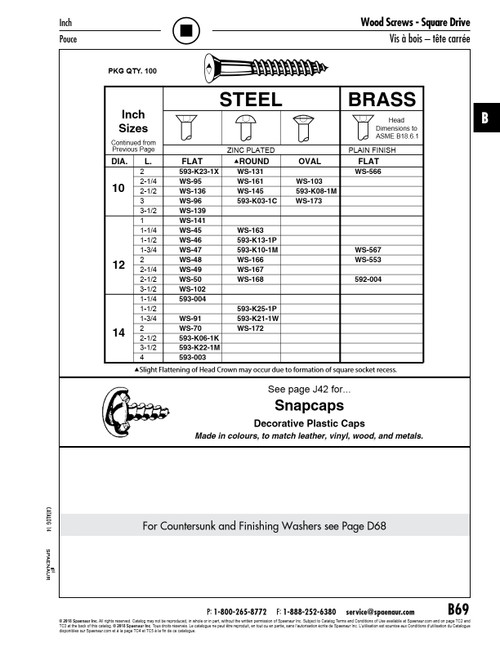 Wood Screw Flat Square Socket Head #10 X 2 1/4" Low Carbon Steel Zinc Chromate Ansi B18.6.1-1981   WS-95