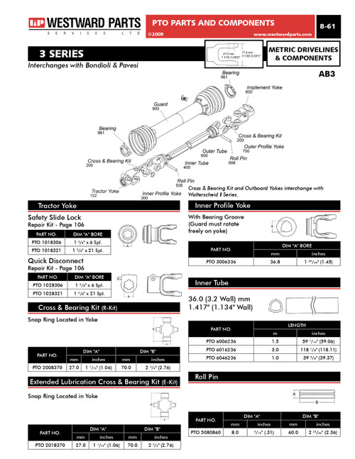 36mm Tri-Lobe - Tube & Yoke Assembly - Bondioli® 3 Series  PTO10006340