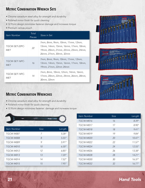 Metric Combination Wrench Set  TGCW-SET-22PC-MET