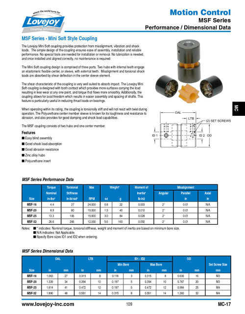 1/4" Shaft Lovejoy® MSF-25 Mini Soft Style Coupling   MSF25-HUB-1/4-NKW
