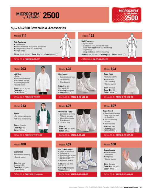 Ansell AlphaTec® 2500 Series Heavy Duty Pathogen/Bloodborne Chemical Suit w/Hood & Socks  WH25-W-92-122