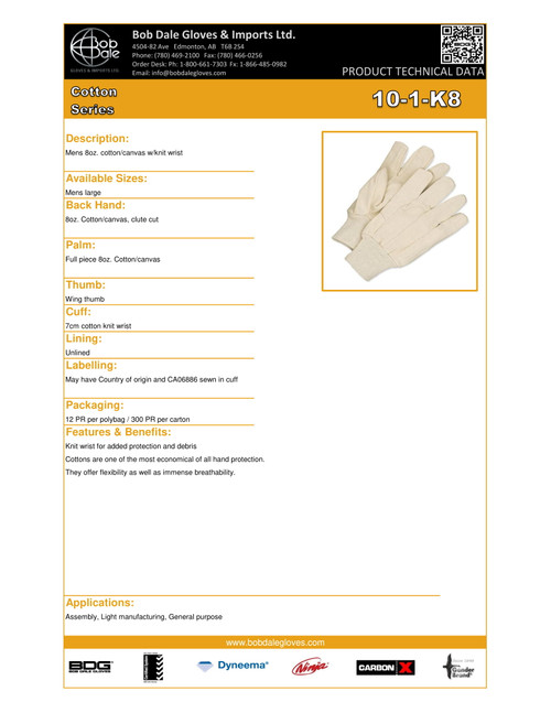 Cotton Canvas 8 oz. Knitwrist Glove  10-1-K8