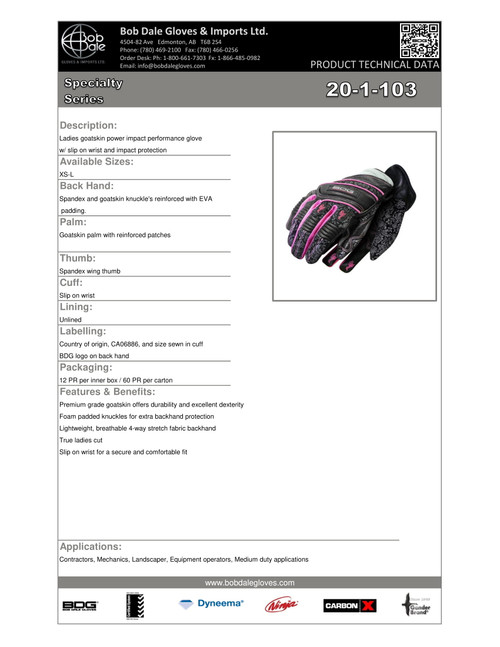Ladies Slip On Clarino® Leather Palm Impact Glove  20-1-103