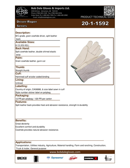 Grain Cowhide Driver w/Split Cowhide Backhand Straight Thumb  20-1-1592