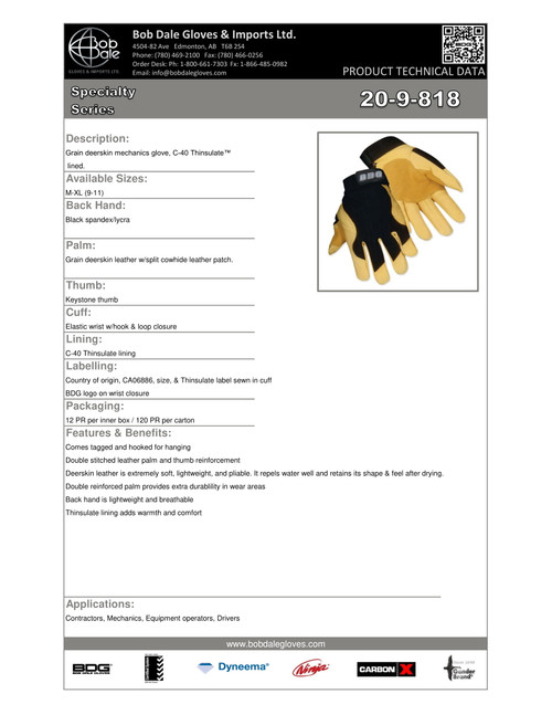 Mechanics Glove Grain Deerskin Thinsulate® C40 Keystone Thumb Tan  20-9-818