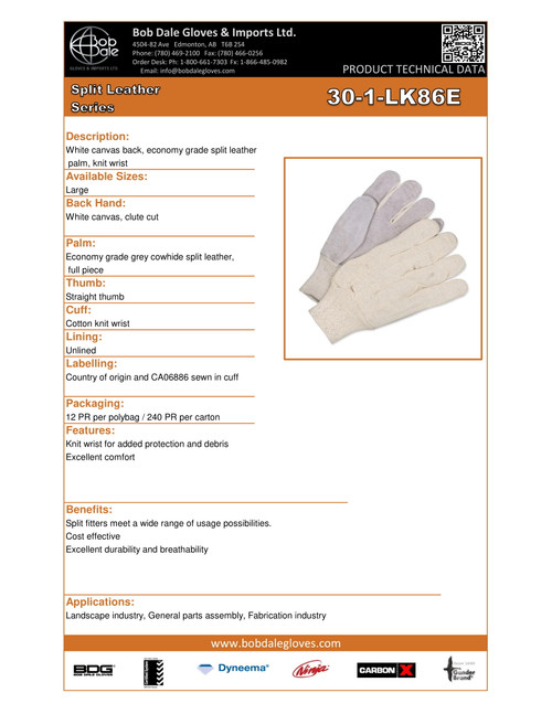 Economy Split Cowhide Canvasback Fitter Knitwrist White  30-1-LK86E