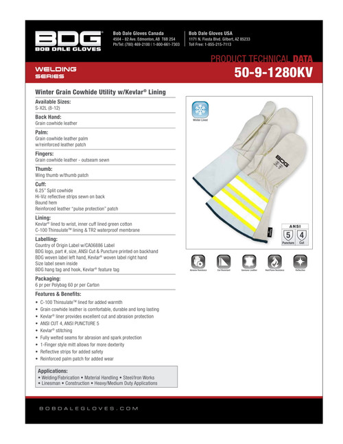 Grain Cowhide One Finger Mitt Kevlar®/Thinsulate® C100 Lined Hi-Viz Gauntlet  50-9-1280KV