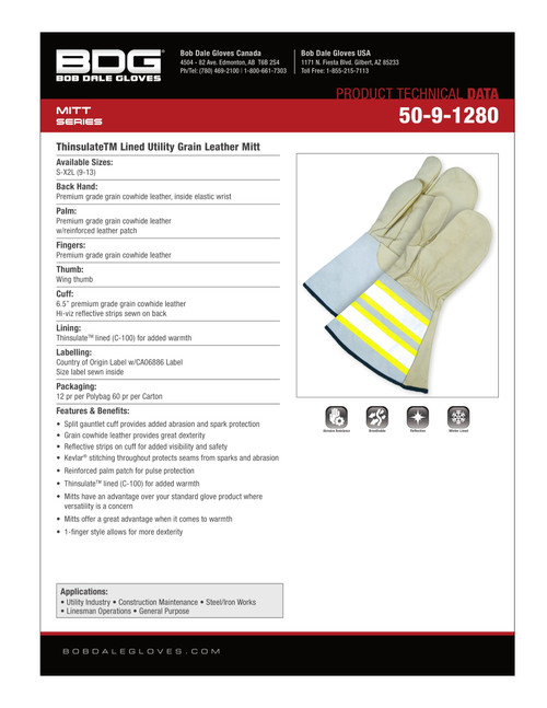 Grain Cowhide One Finger Mitt Thinsulate® C100 Hi-Viz Gauntlet  50-9-1280
