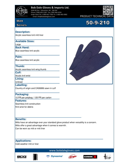 Mitt Liner Acrylic Knit  50-9-210