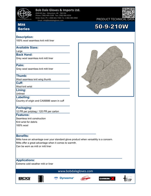 Ladies Mitt Liner Wool Knit  50-9-210W