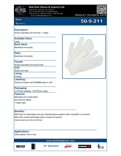 Mitt Liner One Finger Acrylic Knit  50-9-211