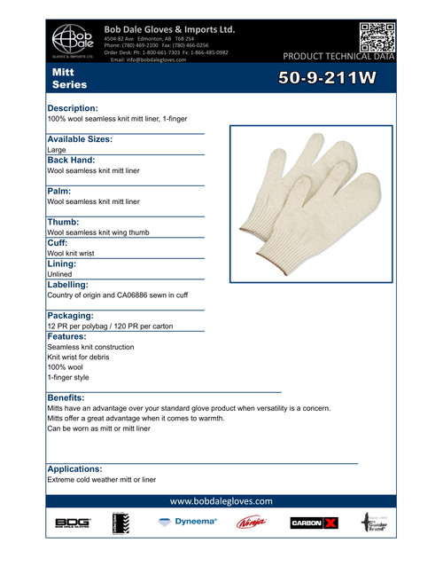 Mitt Liner One Finger Wool Knit  50-9-211W