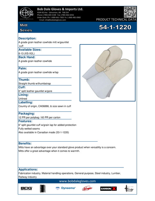 Grain Cowhide Mitt w/5.5" Split Cowhide Gauntlet  54-1-1220