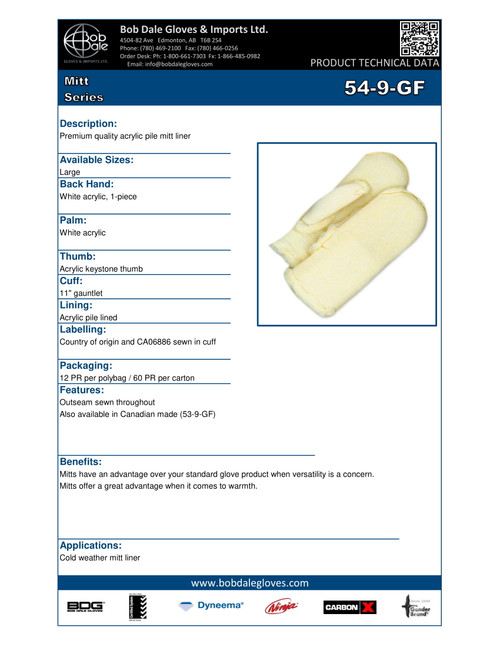 Acrylic Pile Mitt Liner 11" Gauntlet   54-9-GF