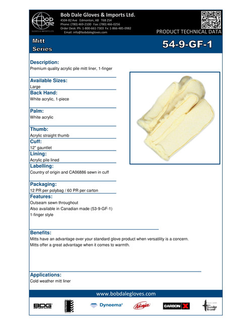 Acrylic Pile Mitt Liner One Finger 12" Gauntlet   54-9-GF-1