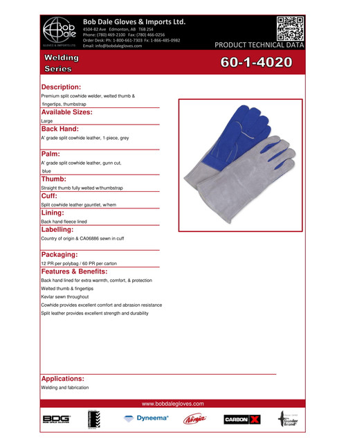Split Cowhide Weld Gauntlet Fleece Lined Backhand Blue/Grey  60-1-4020