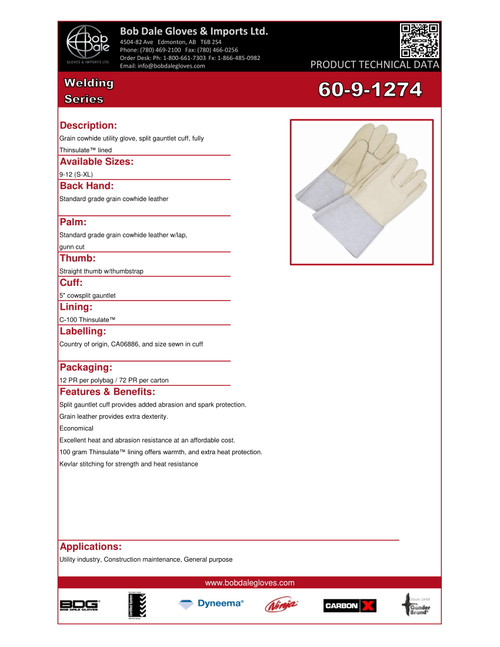 Winter Grain Cowhide Utility Weld Glove Thinsulate® C100 Lined w/ 5" Split Cowhide Gaunlet  60-9-1274
