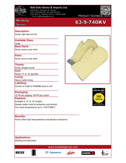 Kevlar® 16" Hi-Heat Welding Mitt Cover Double Melton Lined  63-9-740KV-16